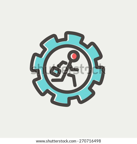 Man running inside the gear icon thin line for web and mobile, modern minimalistic flat design. Vector icon with dark grey outline and offset colour on light grey background.