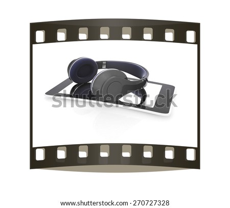 a creative cellphone with headphones isolated on white, portable audio concept. The film strip