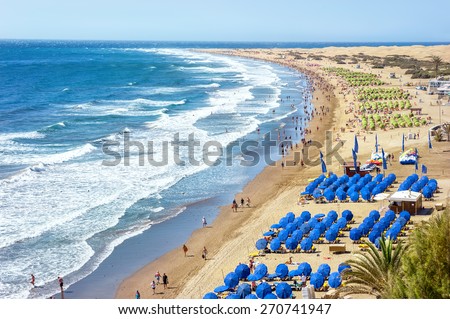 View of sandy beach Playa del Ingles. Maspalomas. Gran Canaria Royalty-Free Stock Photo #270741947