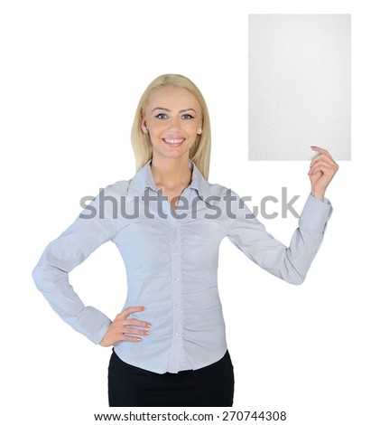 Isolated business woman showing empty paper