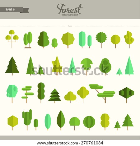 Forest constructor kit - part 5, really big set of different trees. Beautiful and trendy collection of flat elements, very useful to create backgrounds, patterns, game design