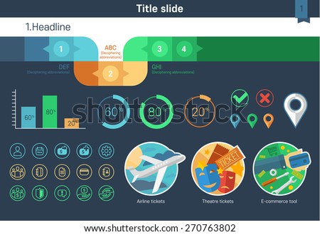 Colorful set of icons and graphics on presentation template.