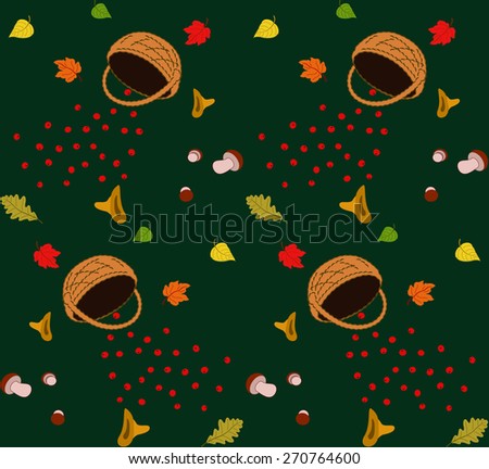 Seamless pattern with autumn leaves, berry, bast basket, mushrooms