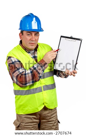 Construction worker with green safety vest showing a blank notebook, over a white background