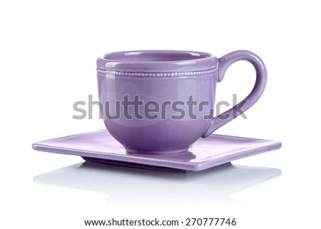 purple cup with saucer isolated on white background