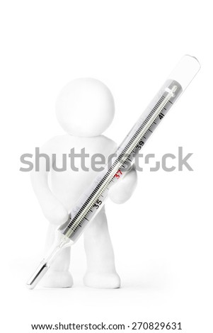 Plasticine man with thermometer isolated on white background