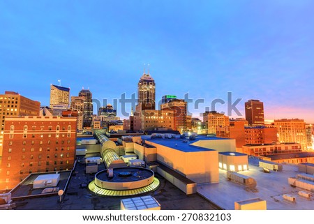 Top view of downtown Indianapolis skyline at twilight
