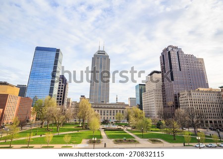 Downtown Indianapolis skyline with blue sky 