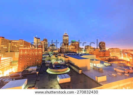 Top view of downtown Indianapolis skyline at twilight