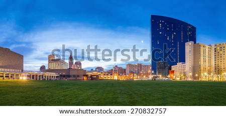 Panorama view of downtown Indianapolis skyline at twilight