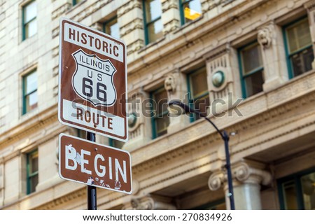 Route 66 sign, the beginning of historic Route 66, leading through Chicago, Illinois. Royalty-Free Stock Photo #270834926