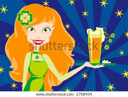 red girl with mug of beer for Patrick's Day