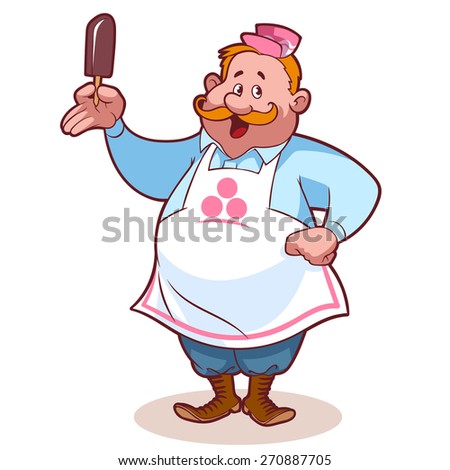 Cheerful ice cream seller on a white background. Fat man in apron. Vector clip-art illustration.