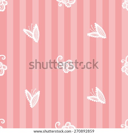 Hand Drawn graphic vintage white line lace leaves and bud seamless pattern on soft striped pink background. Set of isolated floral laces wedding invitation decorative elements. Chess grid order