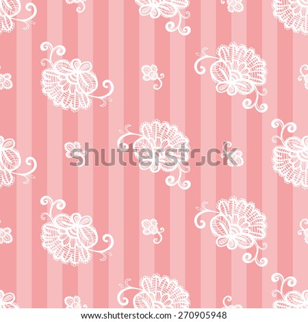 Hand Drawn graphic vintage white line lace peony and bud seamless pattern on soft striped pink background. Set of isolated floral laces wedding invitation decorative elements. Chess grid order