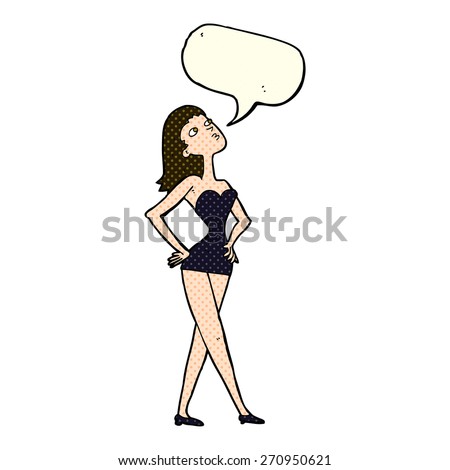 cartoon woman in party dress with speech bubble