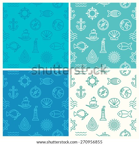 Vector set of seamless patterns with nautical icons and signs - abstract background in trendy mono line style