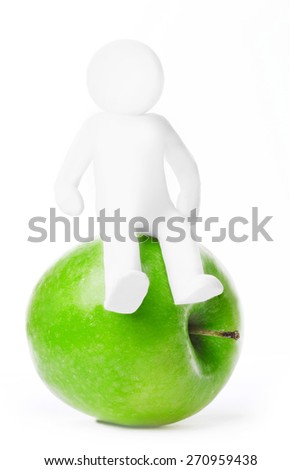 Plasticine man sitting on apple isolated on white background