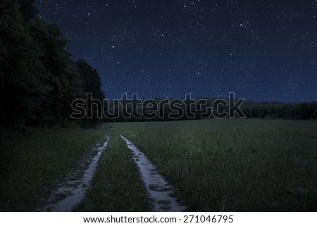 Large beautiful spring the field with a distant kind on a forest and night sky