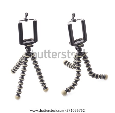 Mobile camera flexible octopus style plastic mini tripod stand isolated over the white background, set of two foreshortenings