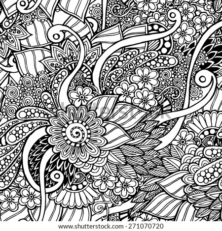 Seamless asian ethnic floral retro doodle black and white background pattern in vector. Henna paisley mehndi doodles design tribal pattern. Used clipping mask for easy editing.