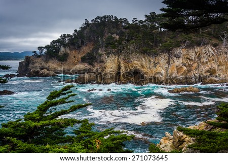 View of rocky cliffs above the Pacific Ocean at Point Lobos State Natural Reserve, in Carmel, California.