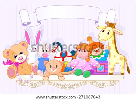 Shelf full of baby toys with space for copy\text