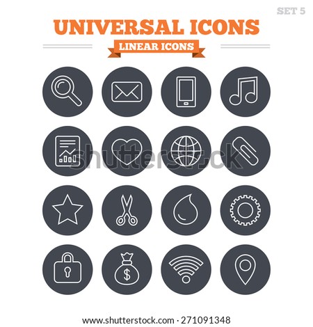Universal linear icons set. Smartphone, mail and musical note. Heart, globe and share symbols. Paperclip, scissors and water drop. Thin outline signs. Flat circle vector