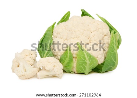 Ripe cauliflower with green leaves isolated on white background Royalty-Free Stock Photo #271102964