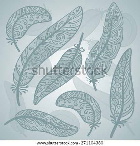 Vector colored feathers set. Bird feathers painted in ornamental patterns                           