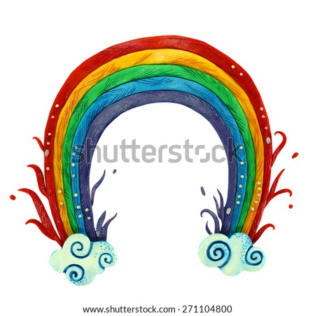 Plasticine handmade rainbow with clouds. Beautiful colorful rainbow isolated on white background. Raster illustration.