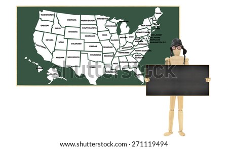 USA Map Chalkboard Wood Mannequin wearing aviation hat and goggles holding blackboard with map of United States of America isolated on white background