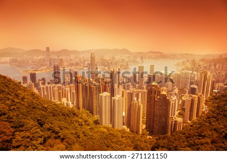 Hong Kong, view of the city and the bay from Victoria Peak at sunset