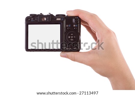 Hand photographic with a digital camera isolated on white