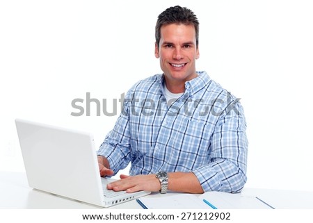Man working with laptop computer isolated white  background.