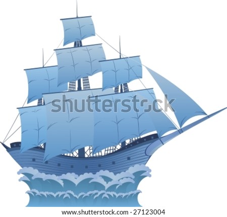 Ancient wooden blue sailboat on white background.