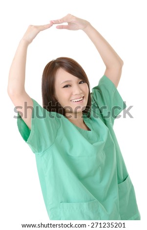 Asian woman of healthcare worker give you an ok sign on white background.