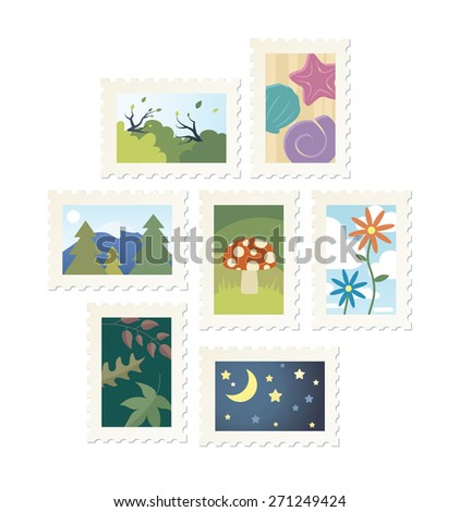Collection of 9 nature postage stamp designs. Raster.