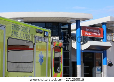Ambulance vehicle parked outside of hospital emergency department