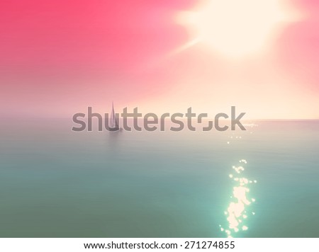 vintage abstract instagram style filter blurred summer background with small yacht in the middle of the ocean. Pink sunrise sky