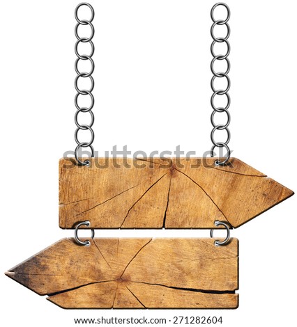 Wooden Directional Sign - Two Arrows with Chain. Wooden directional sign with two empty arrows in opposite direction hanging with metal chain isolated on white background