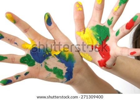 children's hands with the sketch in different colors - geometrical shapes - school motives - smiley