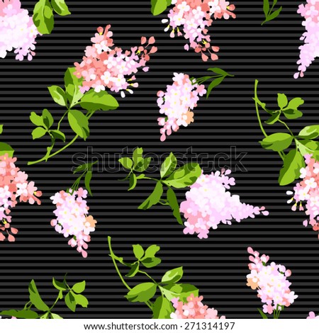 Seamless floral pattern with of pink flowers on a black background. Branch of lilac