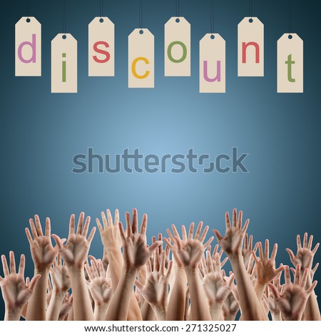 Discount word on labels over blue gradient background, people's hands lifted up in the air.. Sale poster. Festive backdrop poster on Black Friday theme with copy space and clipping pass.