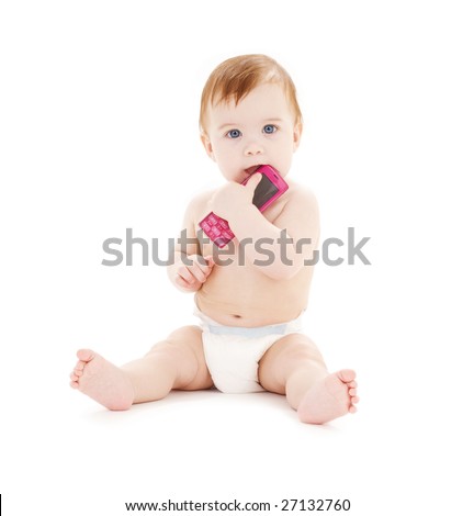 picture of baby boy in diaper with pink cell phone