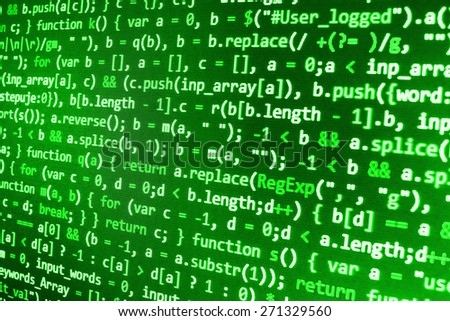 Programming source code abstract screen of software developer. Computer script. Green color.