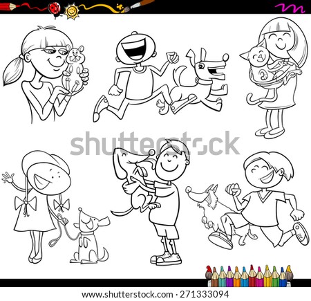 Coloring Book Cartoon Illustration Set of Kids with Pets Characters