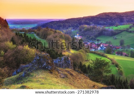 Sunset in the jurassic hills of Upper Franconia, Germany. Lovely Spring evening in the rural countryside near Bamberg. European Scenery. Landscape Picture