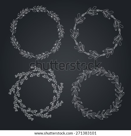 Round handdrawn wreaths. Collection of clip art vector frame bouquets. Romantic wreath with copyspace for your text.