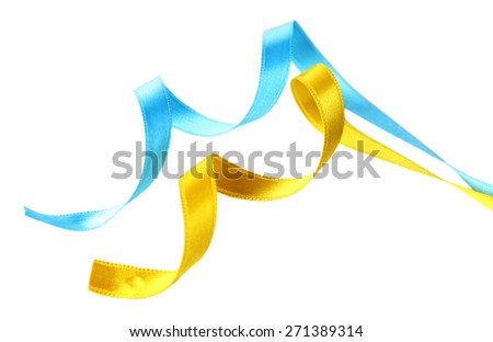 Colorful blue and yellow ribbons isolated on white